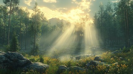 Sunbeams Illuminating a Serene Forest