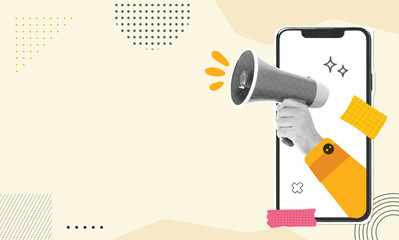 Trendy retro Halftone Collage with Megaphone, Handphone and Hand with copy space	