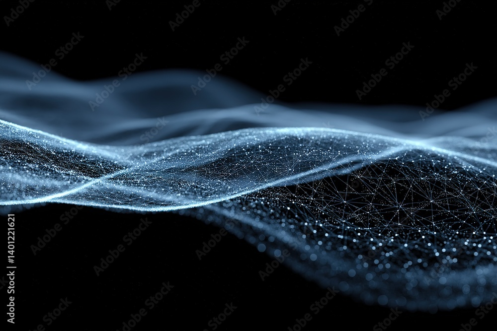 Fototapete Light waves create an abstract pattern with glowing particles against a dark background in intricate motion