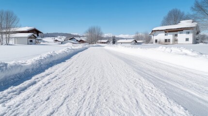 Snowy village road in winter