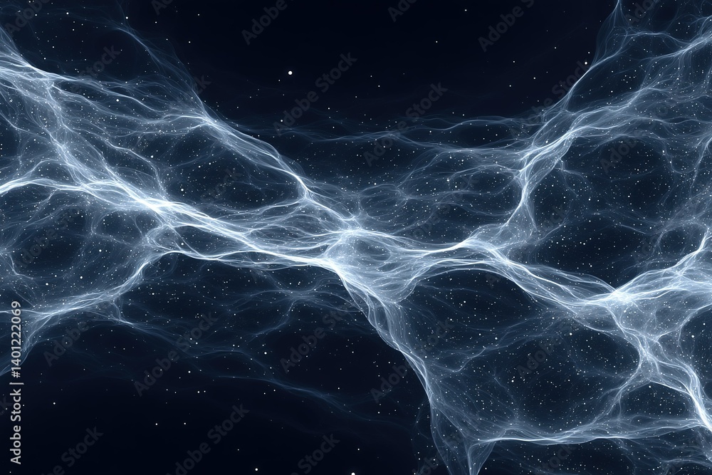 Poster cosmic fog intertwines in a vast expanse of dark space, showcasing delicate light patterns and ether