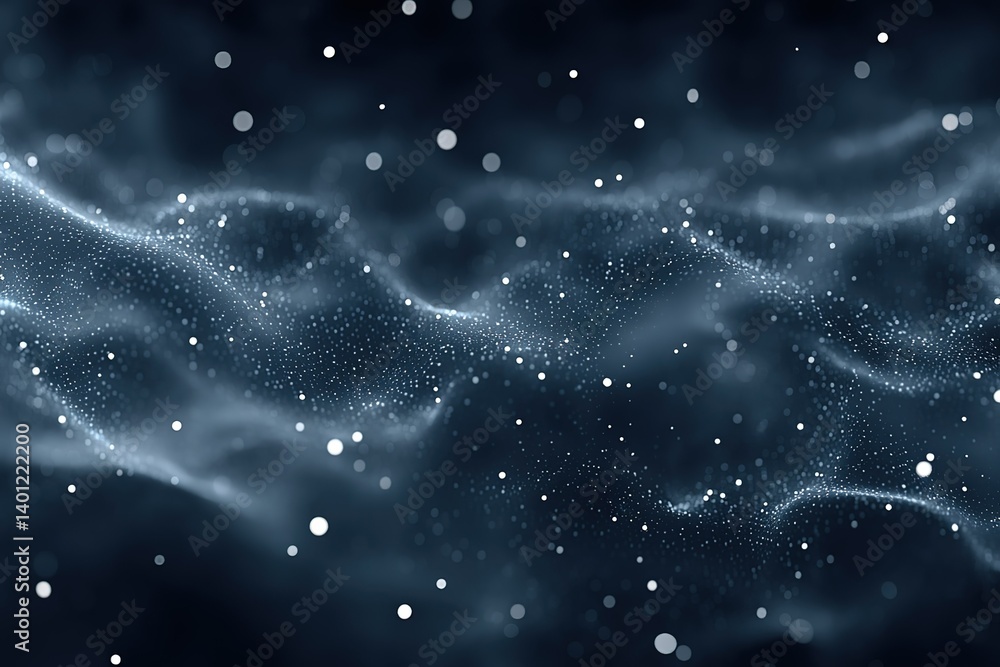 Poster beautiful abstract particles floating in a dark background, creating a mesmerizing cosmic effect dur