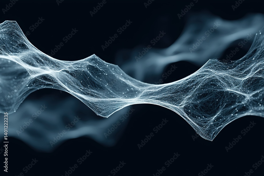 Poster abstract digital waves flowing in a dark environment with glowing particles and intricate details