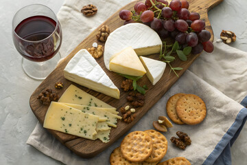 Fototapeta premium Flat lay of assorted cheeses with a glass of wine on wooden board. Elegant appetizer scene, ideal for gourmet, entertaining, and wine-pairing visuals.