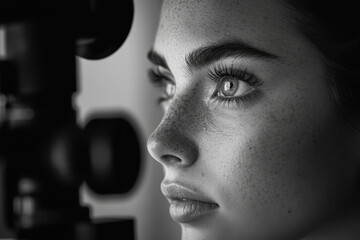 Woman looking through a microscope in a science lab, analyzing samples intensely. Brightly lit lab bench with various scientific equipment in the background.