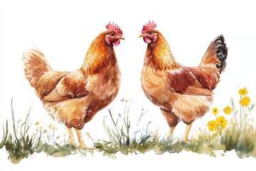 Fototapeta premium Watercolor Hens in Meadow - Two hens, detailed watercolor painting, peaceful scene, farm animals, springtime setting. Symbolizes: rural life, nature, tranquility, fresh food, springtime