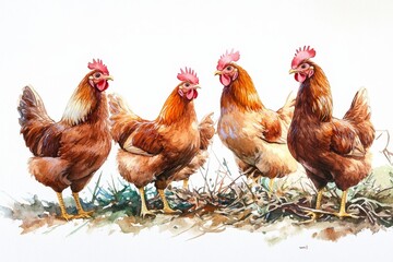 Fototapeta premium Watercolor High Detail Picture of Four Hens - Four hens, a symbol of rural life, motherhood, nature, farm life, and agriculture, are depicted in a high-detail watercolor painting