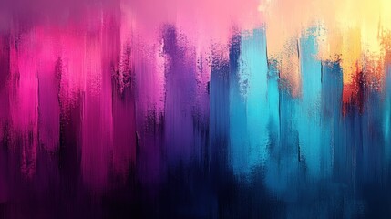 Abstract vibrant colorful cityscape painting with pink, purple, blue, and orange hues.