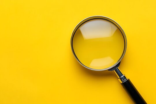 Fototapeta Magnifying Glass on Bright Yellow Background, Close-Up of Search and Discovery Concept