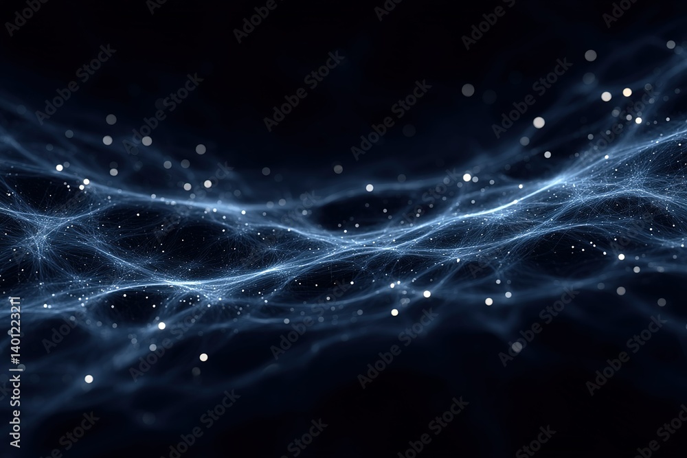 Poster Abstract blue wave with luminous particles flowing through a dark background creating a dynamic visual effect