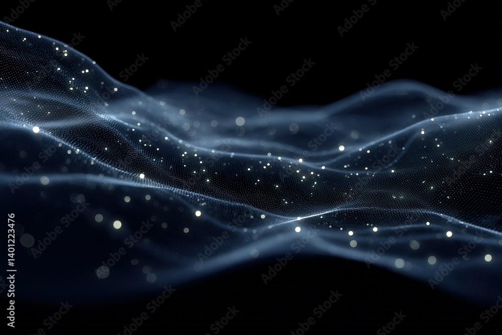 Poster mystical waves of light create a mesmerizing digital landscape in a dark setting