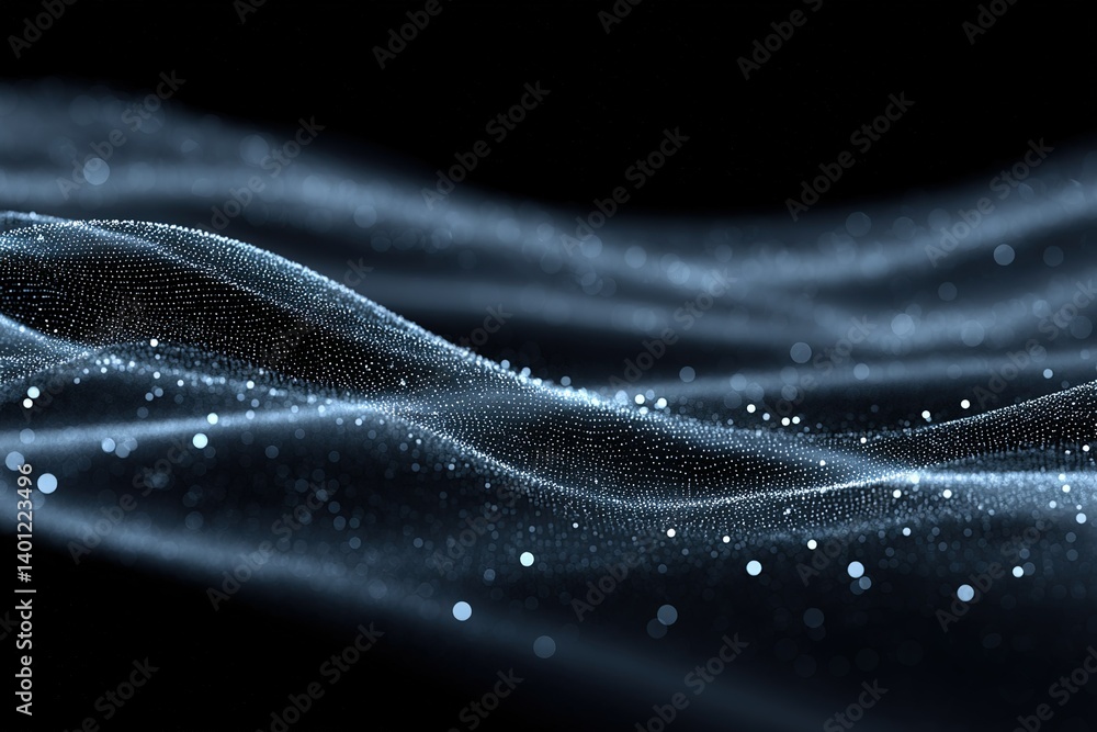 Poster waves of light gently flowing in the dark with shimmering particles creating an ethereal atmosphere