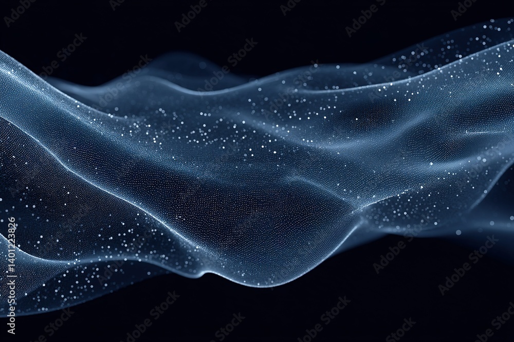 Poster ethereal waves of translucent fabric illuminated by tiny shimmering particles in a dark background