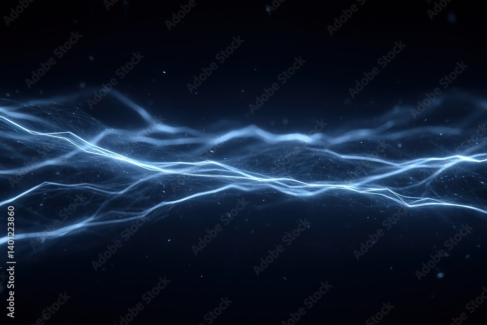 Poster dynamic blue light waves flowing across a dark background creating an energetic visual effect