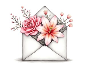 romantic floral envelope sketch with rose, lily, and baby’s breath for valentine’s day