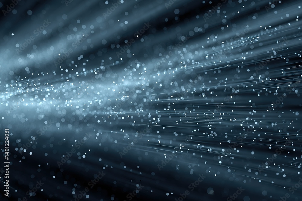 Poster abstract representation of light rays and particles in dark background illustrating motion and depth