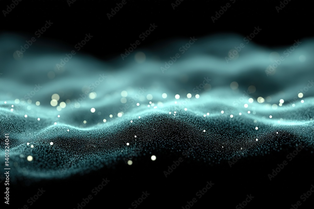 Poster abstract representation of light particles flowing across a dark background creating a sense of move
