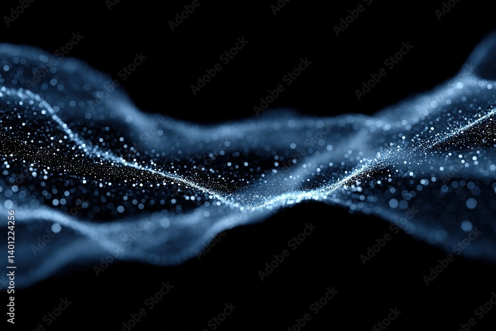 Poster waves of light particles creating a mesmerizing blue abstract pattern against a dark background
