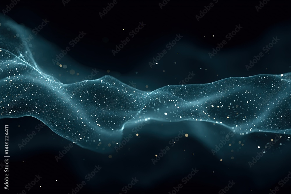 Poster ethereal blue waves with sparkling particles create a mesmerizing visual effect in dark space