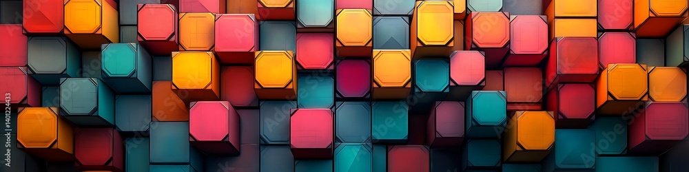 Poster geometric harmony: a captivating display of vibrant, multicolored cubes, arranged in a mesmerizing p