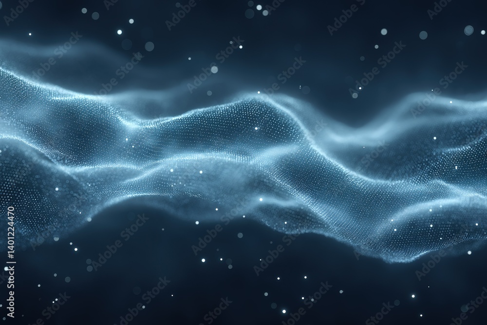 Poster waves of light with particles floating in an abstract dark space creating a tranquil atmosphere
