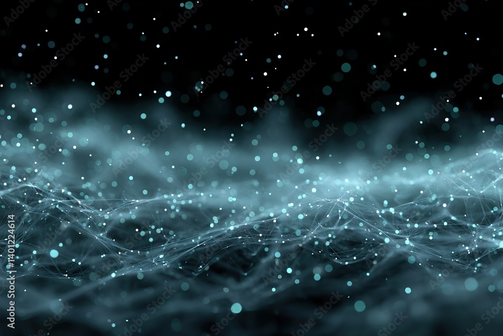 Poster floating particles create a mesmerizing view in a dark digital space during a serene night