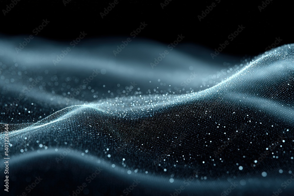 Poster Visual representation of abstract waves with sparkling particles illuminated in dark space