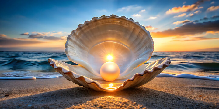 A giant seashell opening to reveal a glowing pearl