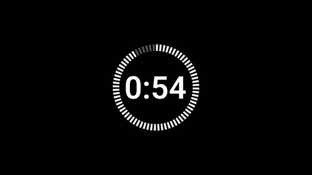 One minute countdown timer animation from 60 to 0 on a transparent background, 60 seconds countdown timer with alpha channel.