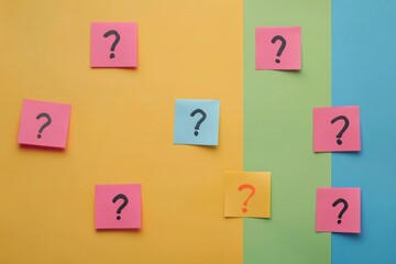 Colorful question marks on a colorful sticky note background, symbolizing different questions and concepts that can be added to the collection of reference materials for a math class Generative AI
