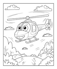 Obraz premium Helicopter coloring page for kids, black line art vector illustration on white background