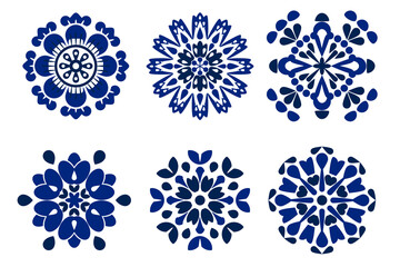 Vector illustration. Calm and elegant artwork with blooming flowers in dark blue shades. Elegant, classic, and delicate. Traditional design patterns for tiles, fabric, backgrounds, carpets, wallpapers