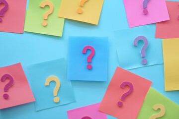 Colorful question marks on a colorful sticky note background, symbolizing different questions and concepts that can be added to the collection of reference materials for a math class Generative AI