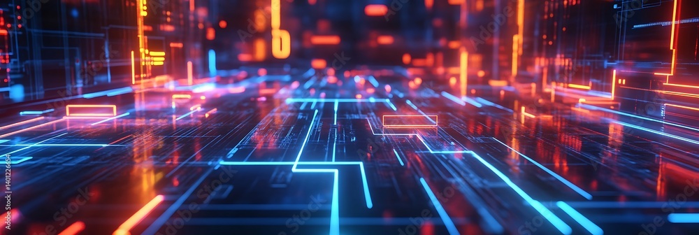 Poster digital cityscape: a vibrant digital landscape with interconnected data streams, glowing neon lights