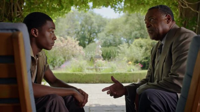 Elderly african american mentor seriously talking to a younger black man in a garden setting, imparting wisdom, representing intergenerational communication, guidance or mentorship