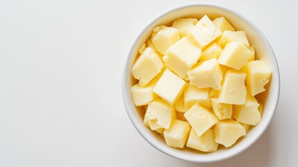 A bowl of soft, diced cheese, captured from above, placed on a clean white background to highlight its texture.