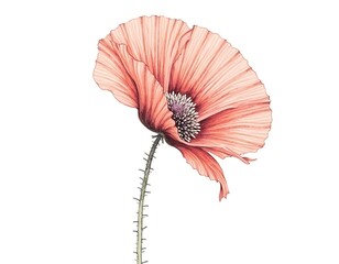 botanical pencil drawing of single poppy stem with bold red petal accents