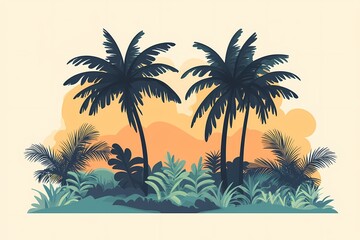 Exotic Tropical Paradise: Vibrant Sunset Silhouette of Palm Trees and Green Foliage in Digital Botanical Illustration Art