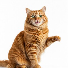Hungry cat, white background, begging pose, paw up, cute expression