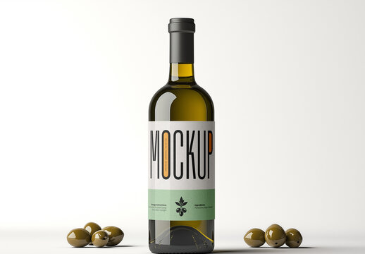 Premium Olive Oil Bottle Mockup &ndash; Realistic Glass Packaging with Label for Mediterranean Extra Virgin Branding on White Background

