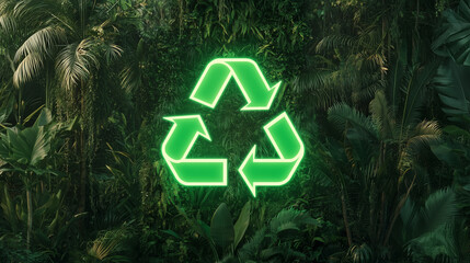 Futuristic recycle symbol, neon green arrows, lush forest backdrop