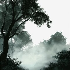 Fototapeta premium Ethereal Forest Landscape with Mist and Trees under Soft Light in a Tranquil Natural Setting