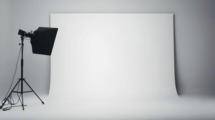 Empty Photography Studio With White Backdrop And Lighting Equipment