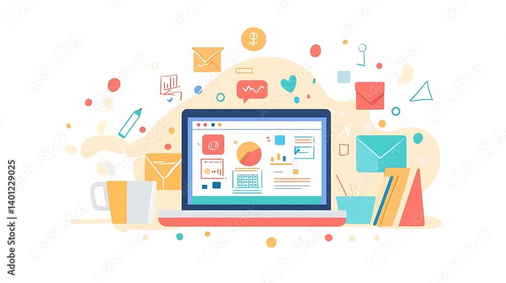 Poster digital workspace: a vibrant digital workspace filled with various icons and design elements, symbol
