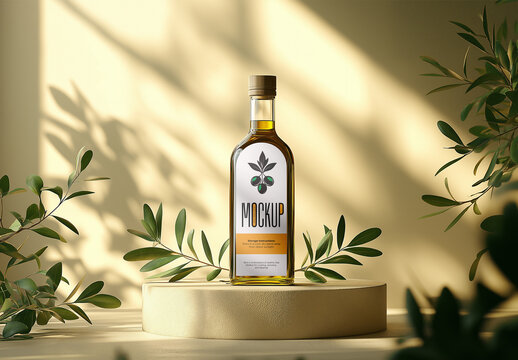 Organic Olive Oil Bottle Mockup &ndash; Natural Scene with Glass Packaging, Mediterranean Label, and Sunlight Shadows for Eco Branding Design