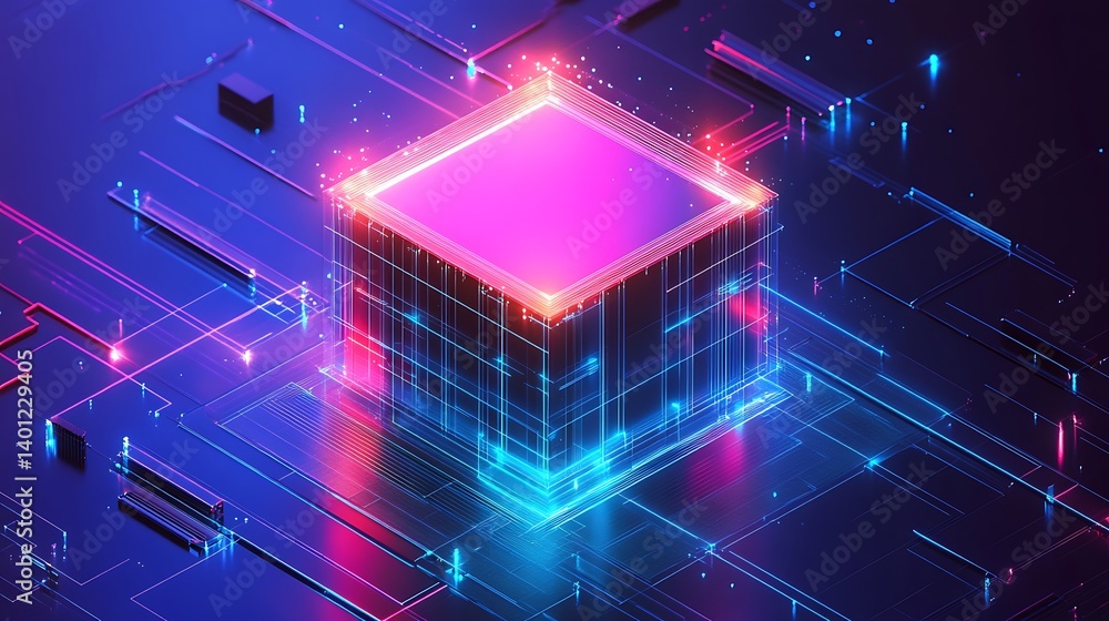 Poster illuminated processor: a vibrant, high-tech depiction of a central processing unit, rendered in a fu