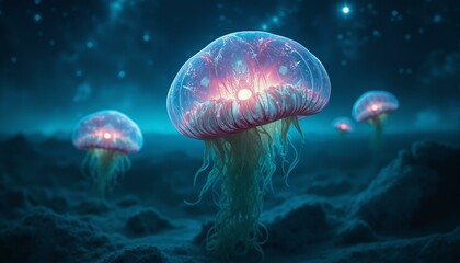 Giant jellyfish spaceships float through a colorful nebula, radiating otherworldly light and complex patterns.