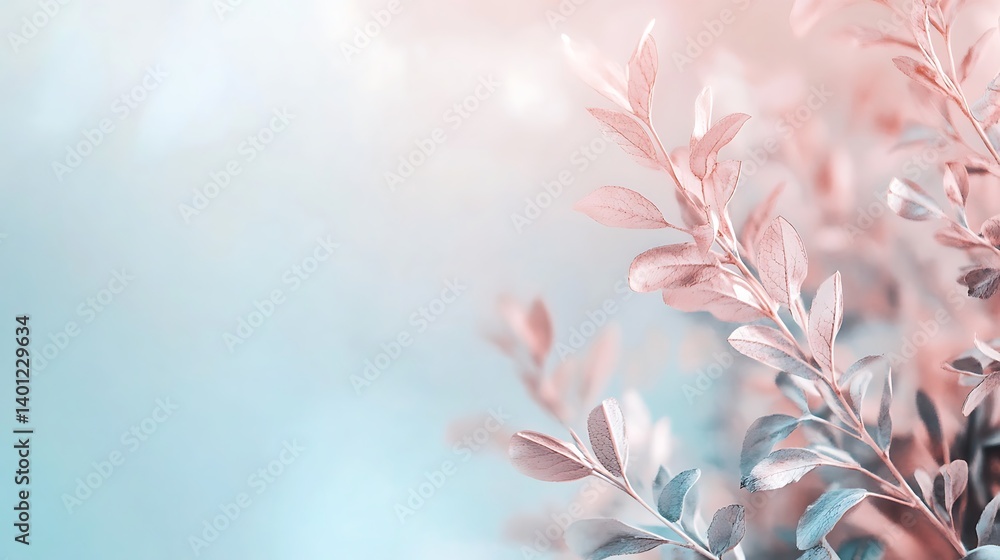 Poster ethereal branch: delicate branches and leaves in soft pink and turquoise hues create a tranquil, dre