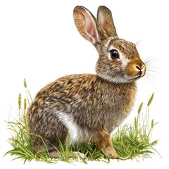 Fototapeta premium Detailed and Realistic Illustration of a Cute Brown Rabbit Sitting in Grass with Lush Greenery in a Natural Setting