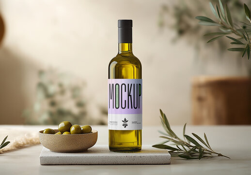Pastel Olive Oil Bottle Mockup &ndash; Natural Mediterranean Scene with Green Olives and Soft Label Design on Neutral Background for Premium Food Branding